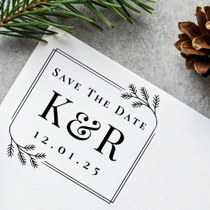 Save the Date Fir Frame Monogram Winter Wedding Self-inking Stamp