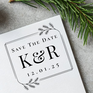 Save the Date Fir Frame Winter Wedding Monogram Rubber Stamp