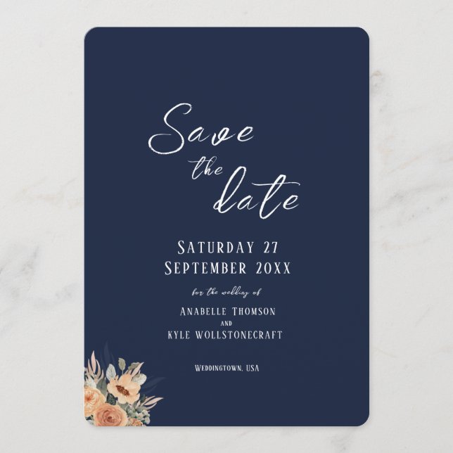 Save the Date flat card - Elegant floral deep blue (Front)