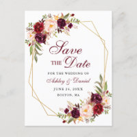 Save the Date Floral Burgundy Gold Frame