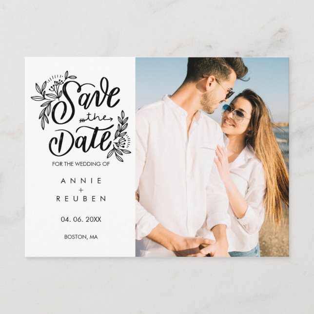 Save the Date Floral Hand Script Simple Photo Postcard (Front)