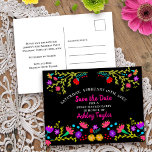 Save the Date Floral Mexican Fiesta Black Sweet 16 Announcement Postcard<br><div class="desc">Floral Save the Date Postcard which you can customise to suit any occasion. The pretty design has an abundance of Mexican Fiesta flowers on the front with pink typography and a black background. The template is set up for you to personalise the postcard with your special date, your occasion and...</div>