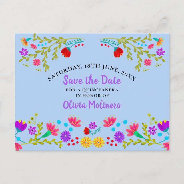 Save the Date  Floral Mexican Fiesta Light Blue Announcement Postcard (Front)