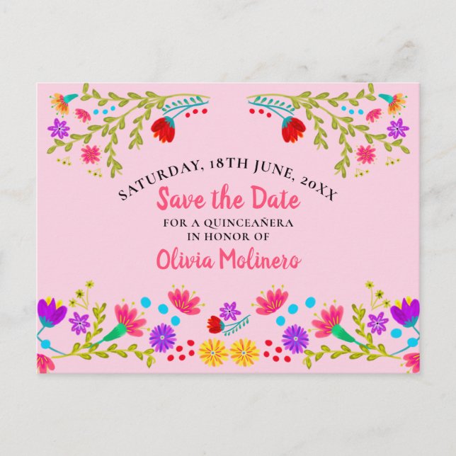 Save the Date  Floral Mexican Fiesta Pink Announcement Postcard (Front)