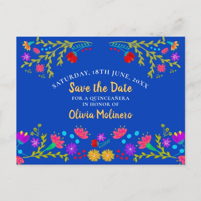 Save the Date  Floral Mexican Fiesta Royal Blue Announcement Postcard (Front)
