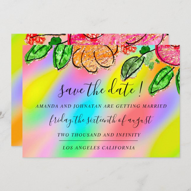 Save The Date Floral Rose Glitter Holograph Unicor (Front/Back)