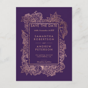 Save the Date floral rose gold purple grape Announcement Postcard