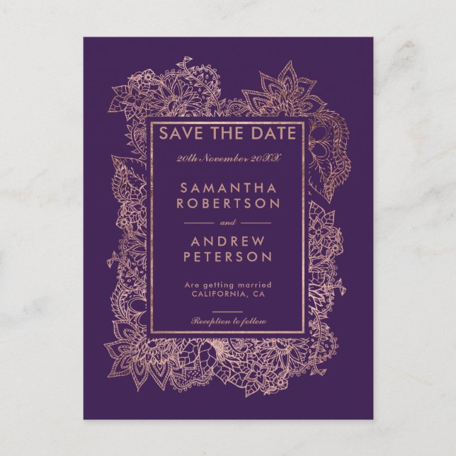 Save the Date floral rose gold purple grape Announcement Postcard (Front)