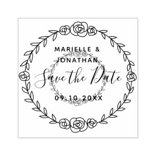 Save the Date Floral Rose Vine Modern Script Rubber Stamp