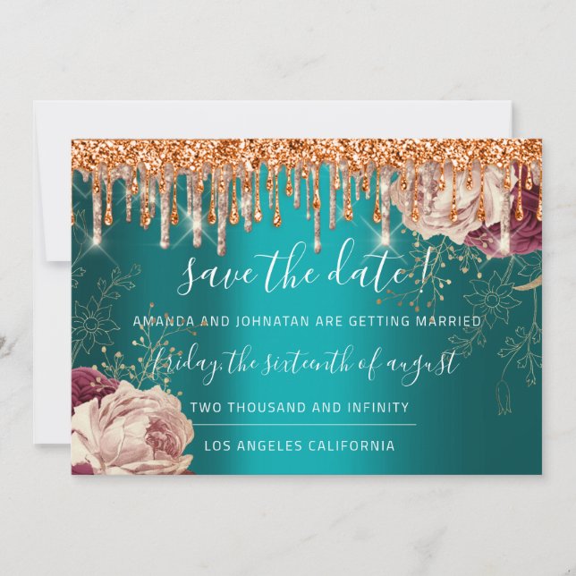 Save The Date Florals Rose Gold Drips Teal Orange (Front)