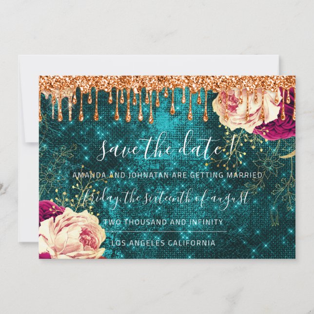 Save The Date Florals Rose Wreath Orange Drip Teal (Front)
