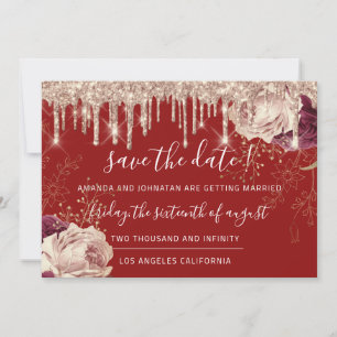 Save The Date Florals Roses Gold Drips Burgundy