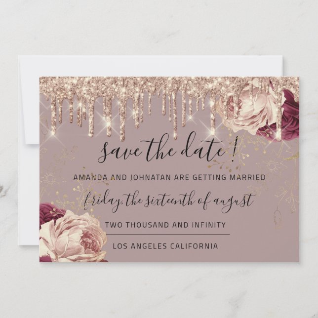 Save The Date  Florals Roses Gold Drips Marsala  (Front)