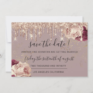 Save The Date  Florals Roses Gold Drips Marsala 
