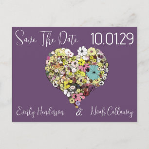 Save the Date Flowers and Leaves Heart Shape Announcement Postcard