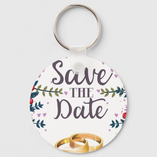 Save the Date Flowers and Wedding rings Key Ring (Front)