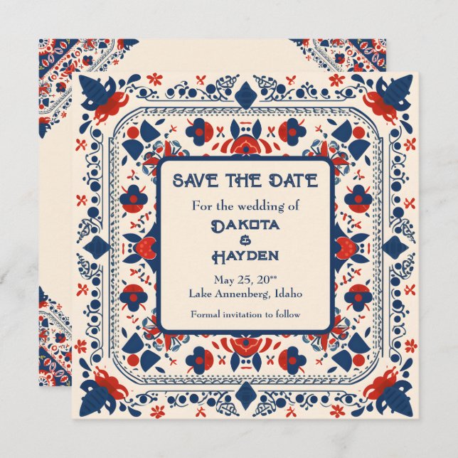 Save the Date, folk art floral, red white and blue Invitation (Front/Back)