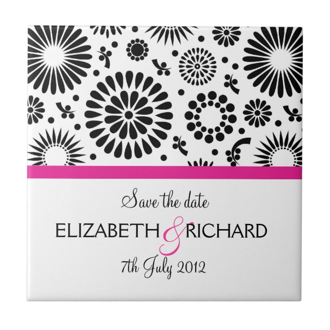 Save the Date Folk Black White Flower Boho Wedding Ceramic Tile (Front)