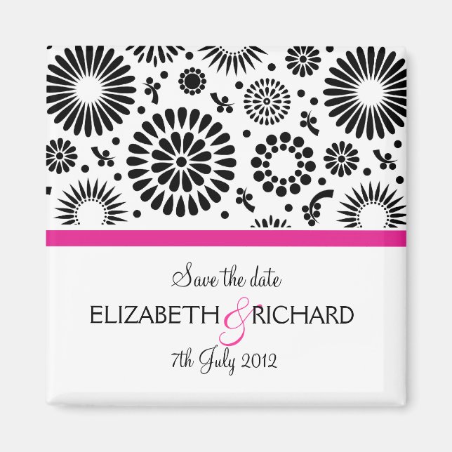 Save the Date Folk Black White Flower Boho Wedding Magnet (Front)