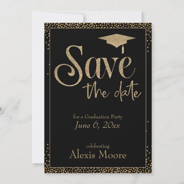 Save the Date for a Graduation Party Gold on Black Invitation (Front)