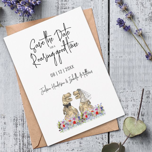 Save the Date for a Roaring Funny Dinosaur Wedding (Save the date for a roaring good time dinosaur wedding invitation Watercolor wildflower floral)
