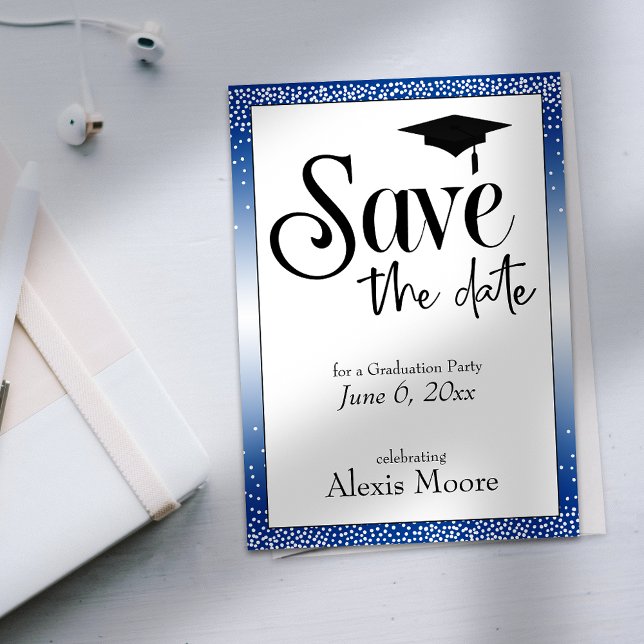 Save the Date for Graduation Party Black on Blue Invitation (Creator Uploaded)