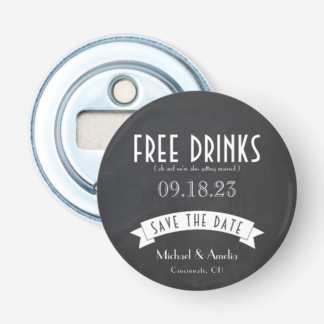 Save the Date Free Drinks Wedding Art Deco Beer Bottle Opener (Front)