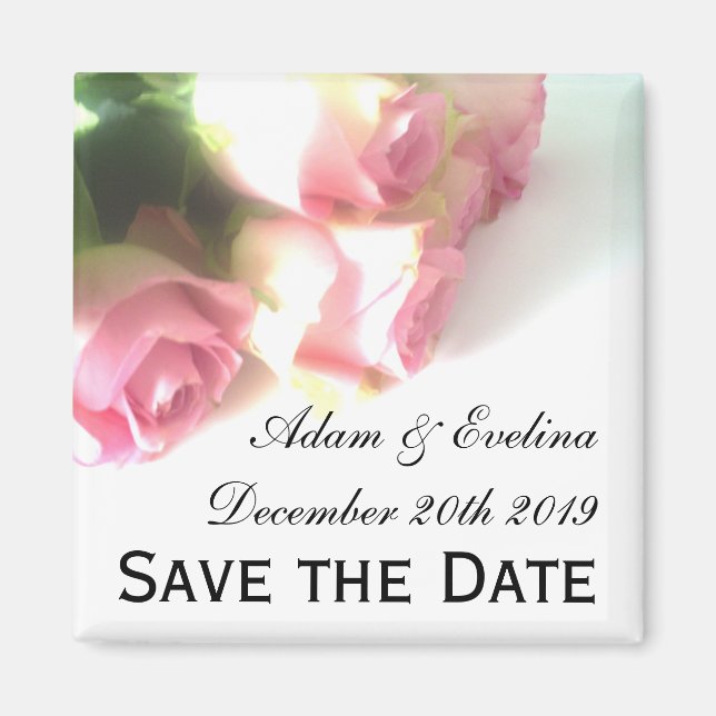 Save the date fridge magnets | pink rose flowers (Front)
