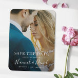 Save the Date Fridge Magnets with Photo<br><div class="desc">This simply chic photo wedding save the date photo magnet has a warm, minimalist design. It features SAVE THE DATE text above your first names and date and wedding location. This text is white and your names are highlighted with a lively, whimsical handwriting font that lends a sense of warmth...</div>