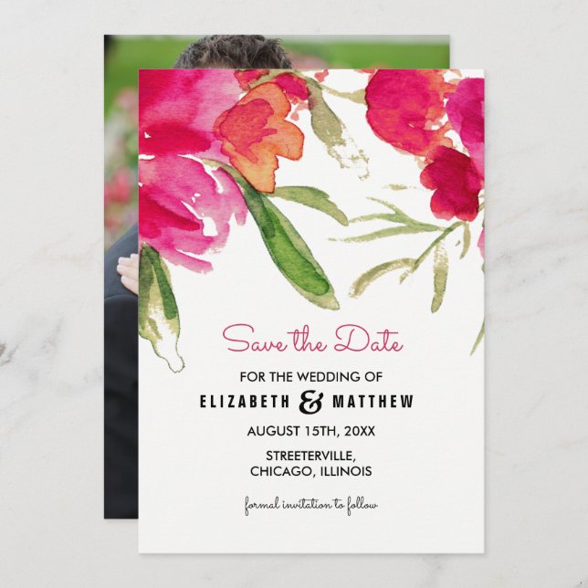 Save the Date. Fuchsia Floral Wedding Photo Card (Front/Back)