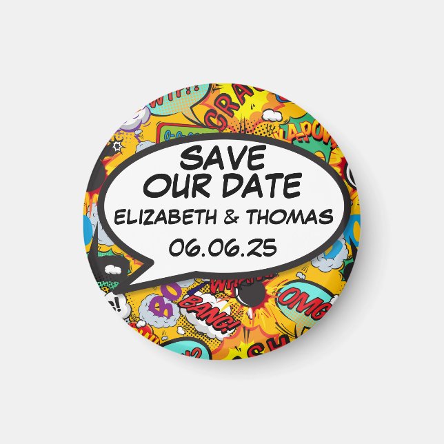 Save the Date Fun Retro Comic Book Pop Art Magnet (Front)