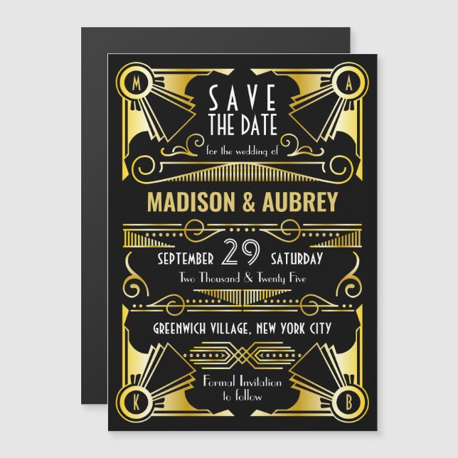 Save the Date Gatsby Wedding Art Deco Gold Black Magnetic Invitation (Front/Back)