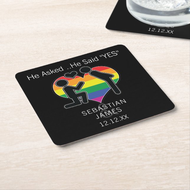 Save The Date Gay He Said Yes Personalised Square Paper Coaster (Angled)