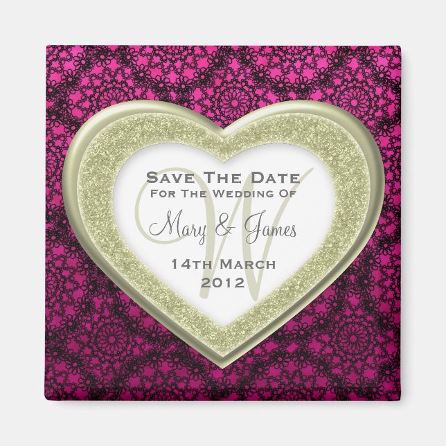 Save The Date Glitter Heart Gold Mod Lace Pink Magnet (Front)