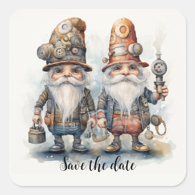 Save the date Gnomes with lantern and tools Square Sticker (Front)