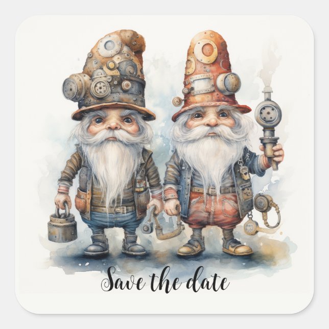 Save the date Gnomes with lantern and tools Square Sticker (Front)
