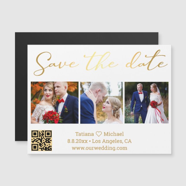 save the date gold 3 photos qr code wedding magnet (Front/Back)