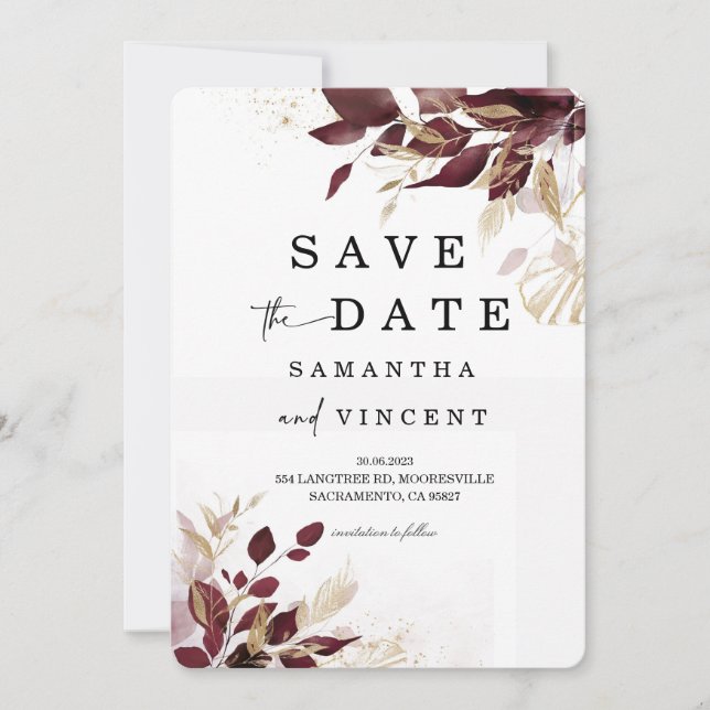  Save the Date Gold and Burgundy card (Front)