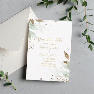 save the date gold and green floral wedding card