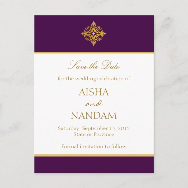 Save the date Gold and Purple Postcard (Front)