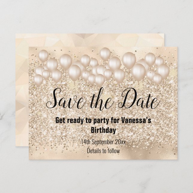 Save the Date Gold Balloons Glitter  Announcement Postcard (Front/Back)