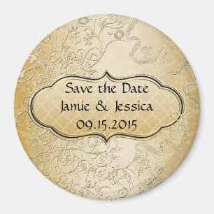 Save the Date Gold Black Swirly Love Birds Magnet