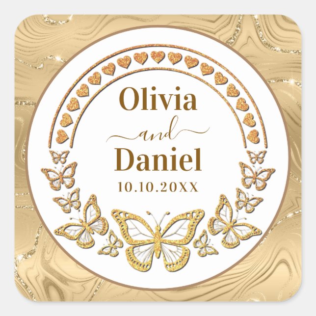 Save the Date, Gold Butterflies and Hearts Square Sticker (Front)
