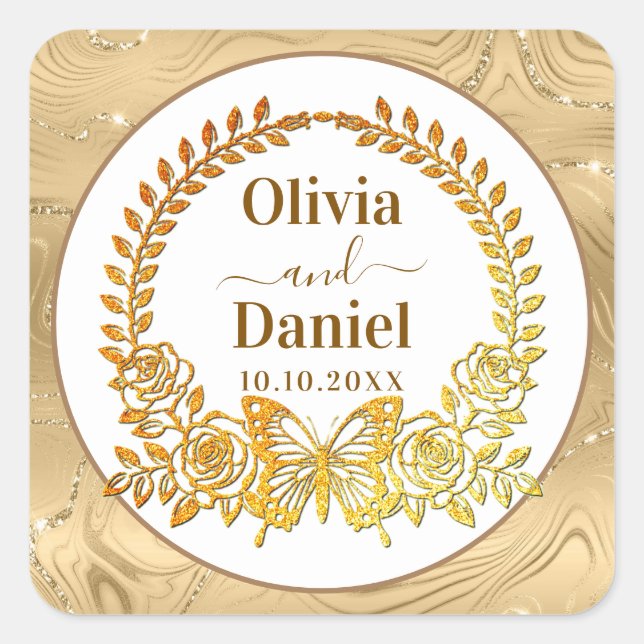 Save the Date, Gold Butterfly and Flower Square Sticker (Front)