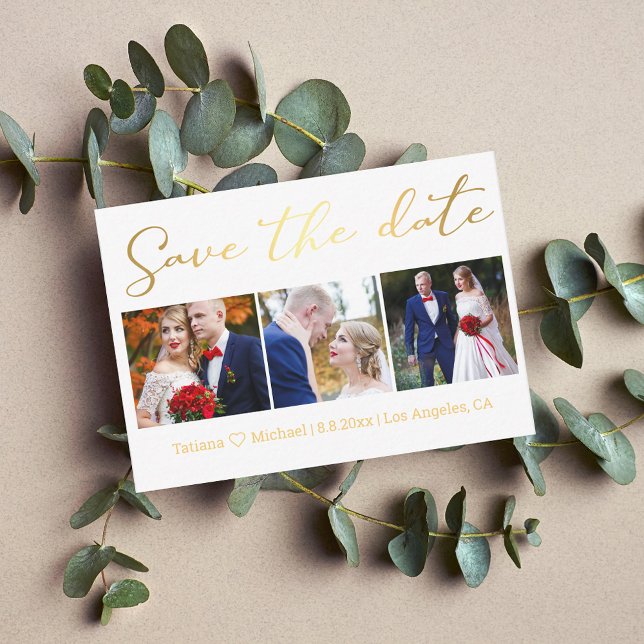 save the date gold chic wedding 3 photos collage  card (Creator Uploaded)