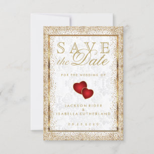 Save the Date Gold Confetti and White Damask