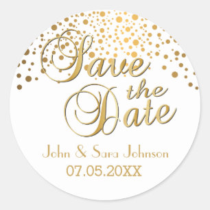 Save the Date   Gold Dots   Personalise Classic Round Sticker