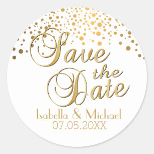 Save the Date   Gold Dots   Personalise Classic Round Sticker