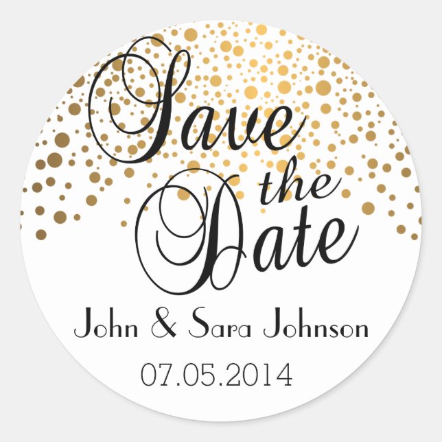 Save the Date | Gold Dots | Personalise Classic Round Sticker (Front)
