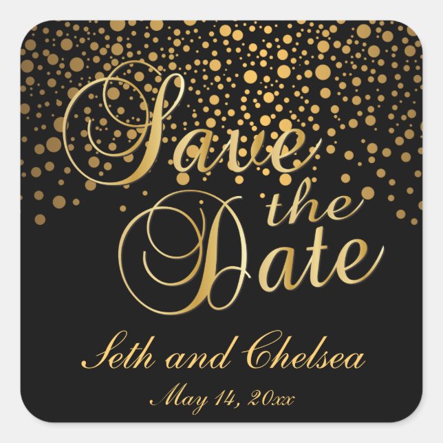 Save the Date Gold Dots | Personalise Square Sticker (Front)